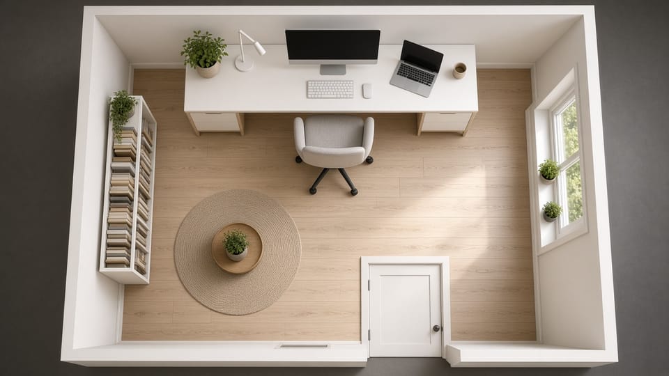 Overhead view of a 10 by 10 foot home office: a 60-inch white desk with a monitor and laptop along the far wall, a gray chair, a tall bookshelf on the left wall, a round rug with a small table, and the door at the bottom with a clear path to the desk.