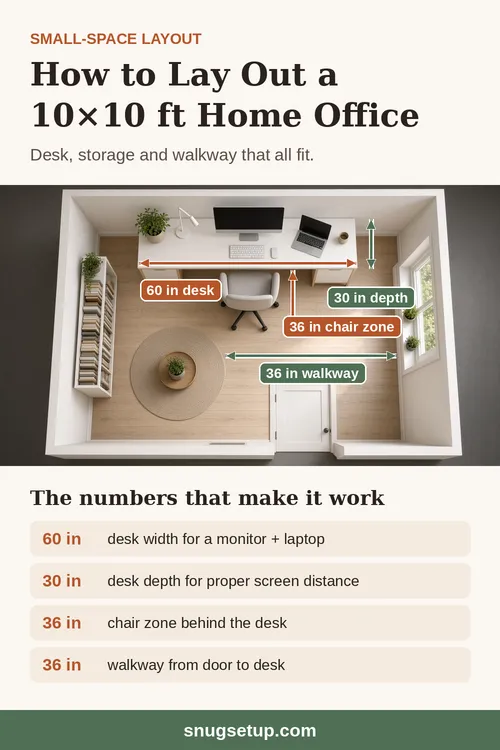 Pinterest graphic: How to lay out a 10×10 ft home office. Overhead photo labelled 60 in desk, 30 in depth, 36 in chair zone and 36 in walkway.