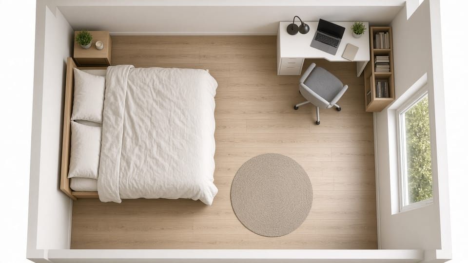 Overhead view of a small bedroom: a queen bed against the left wall, a white desk with a laptop and lamp in the far right corner beside a narrow bookshelf, a gray task chair, and a clear path past a round rug to the window.