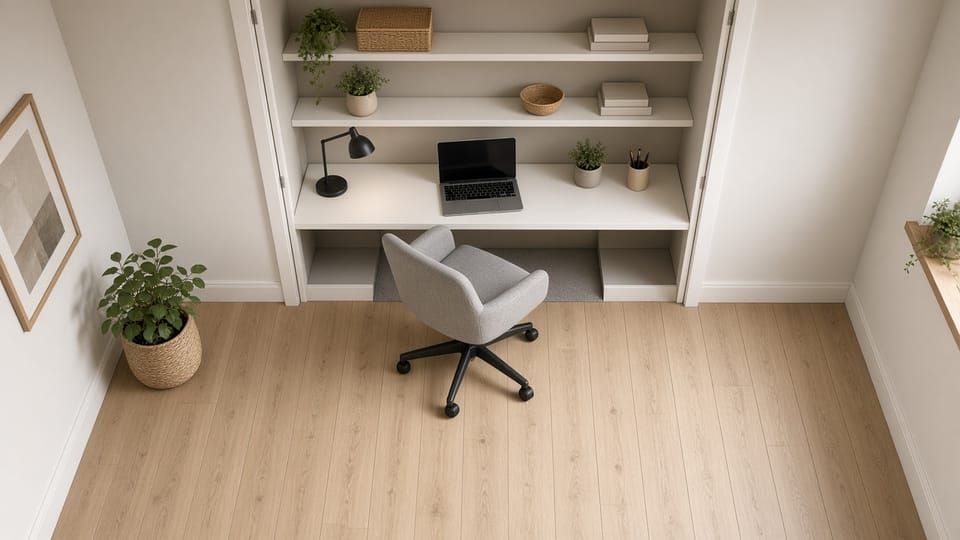 A reach-in closet with its doors removed, turned into a workspace: a built-in white desk spanning the closet with a laptop and black desk lamp, two shelves above with baskets, books and plants, and a gray swivel chair on a wood floor in front.
