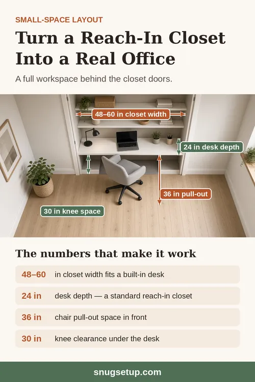 Pinterest graphic: Turn a reach-in closet into a real office. Closet desk photo labelled 48–60 in closet width, 24 in desk depth, 36 in pull-out and 30 in knee space.