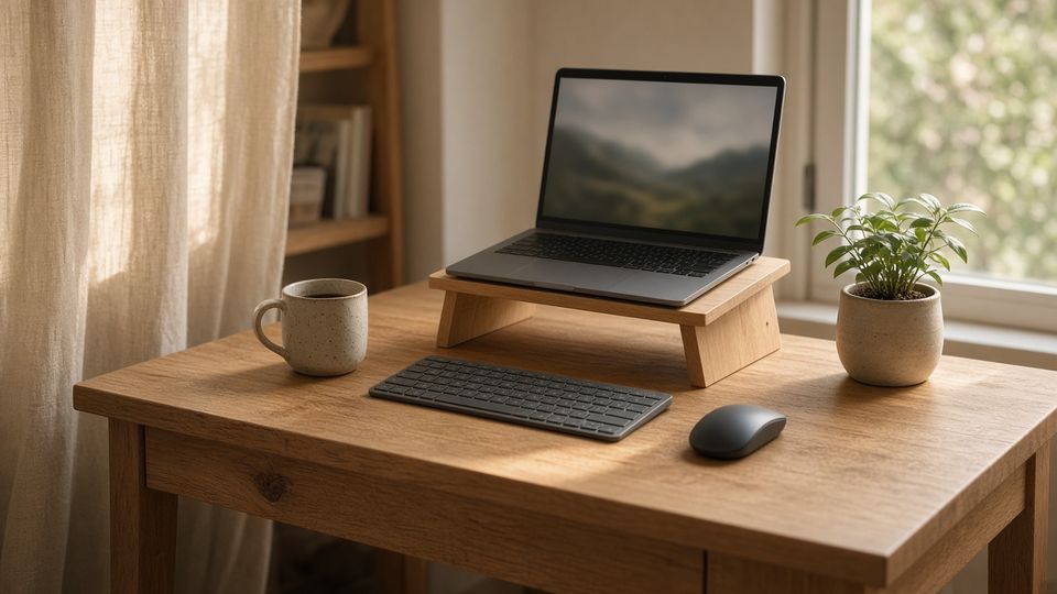 A laptop raised on a simple wooden riser at the back of a small oak desk by a window, with a dark keyboard and mouse in front of it, a mug and a small potted plant.