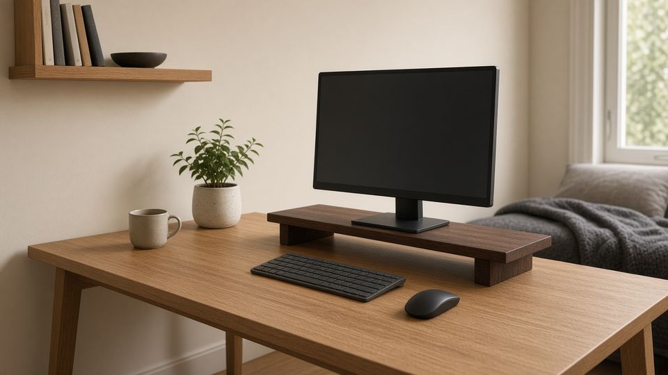 A monitor raised on a simple dark wooden riser on a small oak desk against a cream wall, with a dark keyboard and mouse in front, a mug, a small potted plant and a few books on a wall shelf.