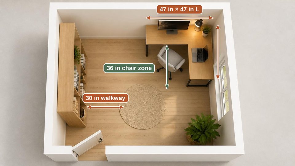 Illustrative layout, not a product photo: overhead view of a small 10 by 10 ft home office with a compact light-wood L-shaped desk in the far right corner, a monitor, laptop and lamp, a gray task chair, a tall bookshelf on the left wall and a clear path from the door. Labels mark a 47 by 47 inch L, a 36 inch chair zone and a 30 inch walkway.