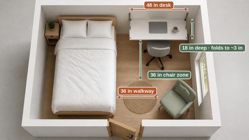 Illustrative layout, not a product photo: overhead view of a small bedroom with a white fold-down wall desk open on the far wall, a laptop and a chair, a bed along the left wall, an armchair by the window and a clear path from the door. Labels mark a 48 inch desk, 18 inches deep folding to about 3 inches, a 36 inch chair zone and a 36 inch walkway.